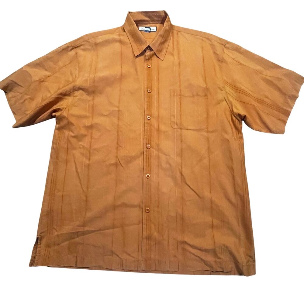 Tommy‎ Bahama Orange Cotton Button Up Tropical Striped Men L Cuban-Style